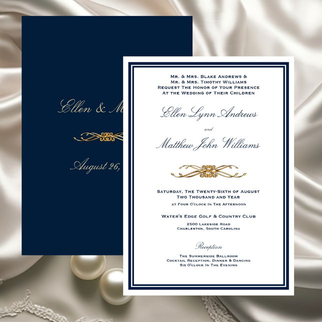 Navy and Gold Elegant Formal Wedding Invitation (Navy and Gold Elegant Minimalist Wedding Invitation)