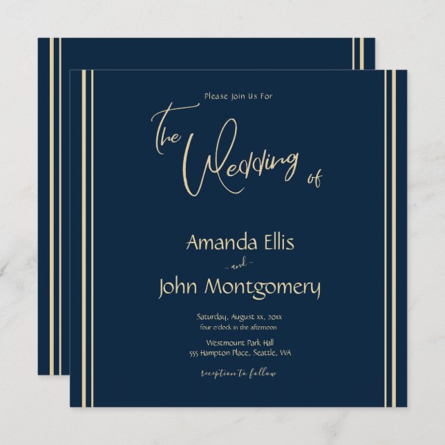Navy and Gold Elegant Modern Wedding Invitation (Front/Back)