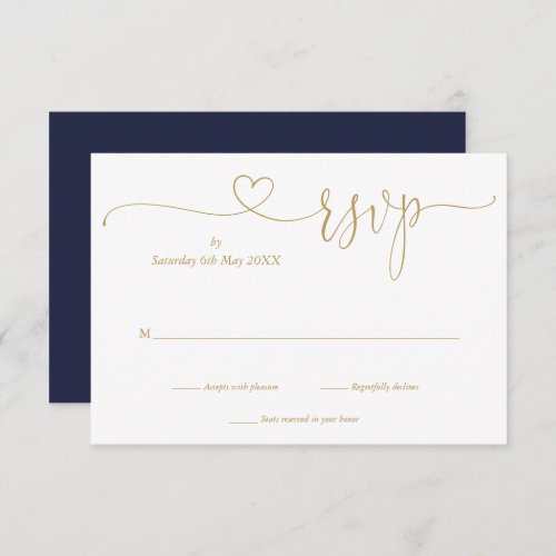  Navy And Gold Elegant Script Heart RSVP Card