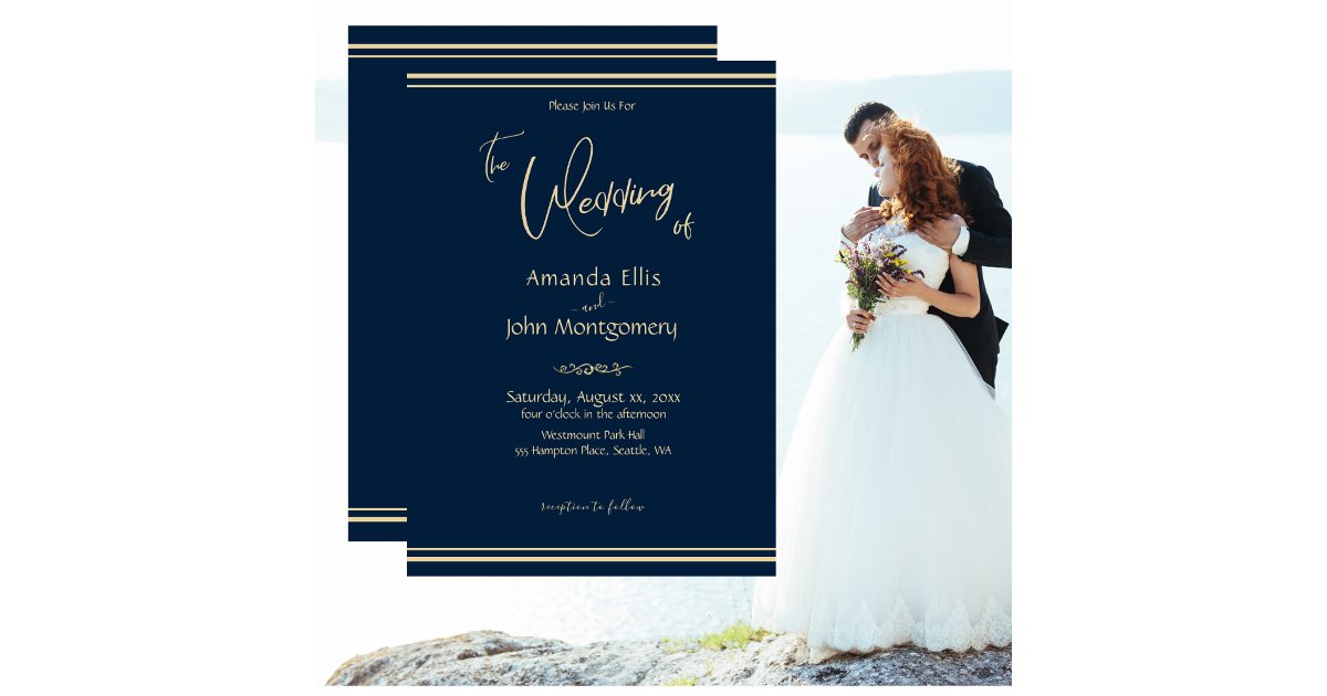 Navy and Gold Elegant Wedding Invitation Zazzle