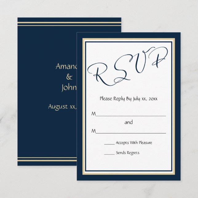 Navy and Gold Elegant Wedding RSVP Card (Front/Back)