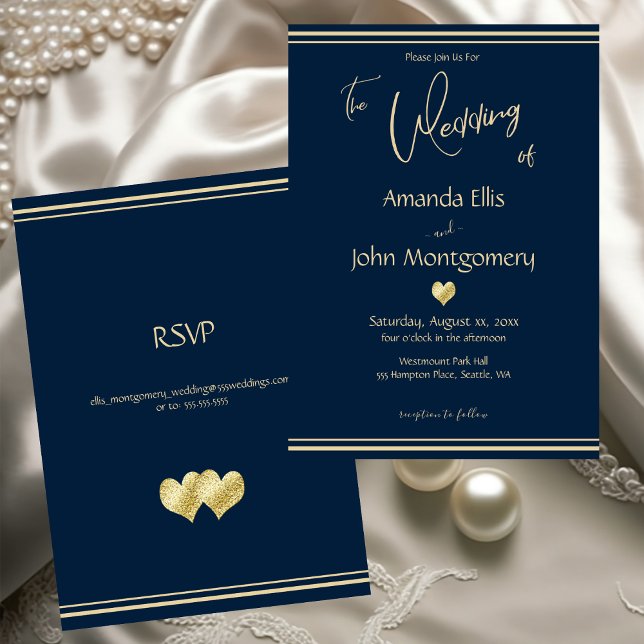 Navy and Gold Elegant Wedding with RSVP Invitation (Navy and Gold Elegant Wedding with RSVP Invitation)