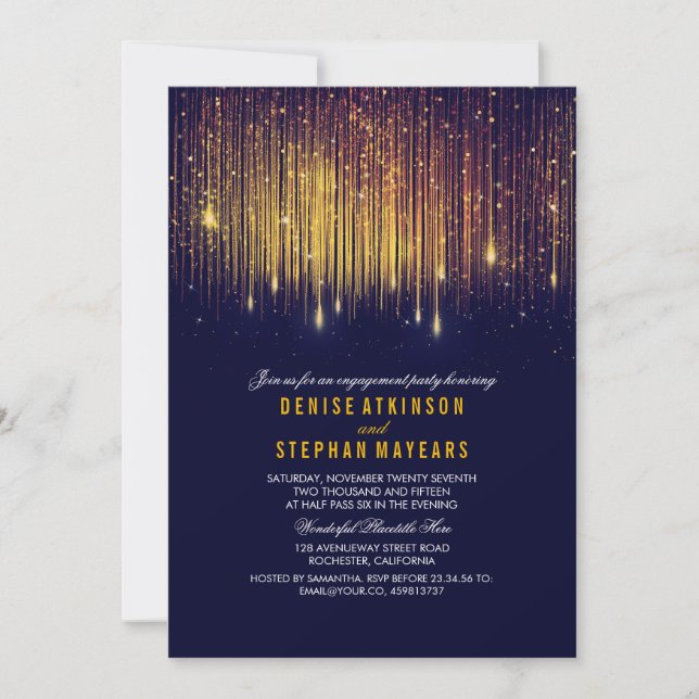 Navy and Gold Engagement Party String Lights Invitation (Front)