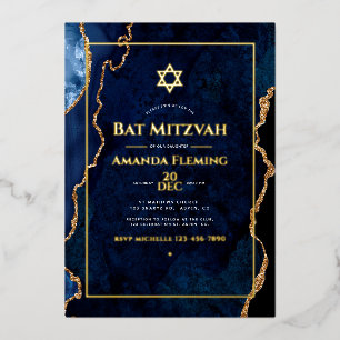 Navy and Gold Faux Agate Bat Mitzvah Photo Foil Invitation