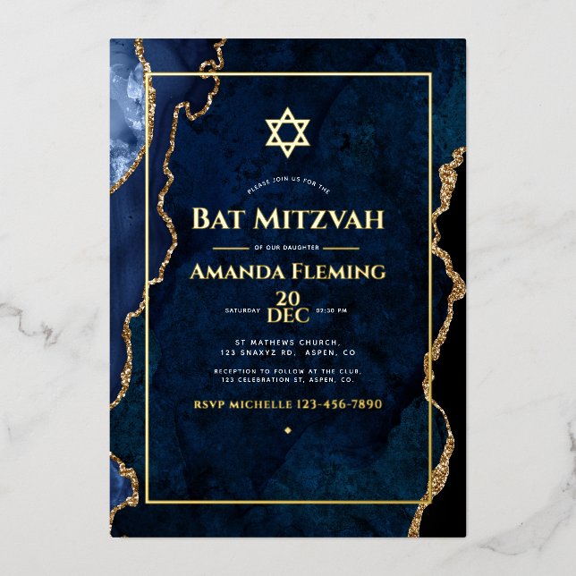 Navy and Gold Faux Agate Bat Mitzvah Photo Foil Invitation (Front)