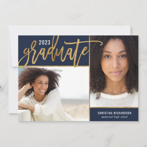 Navy and Gold Faux Foil 2 Photo Graduation Announcement