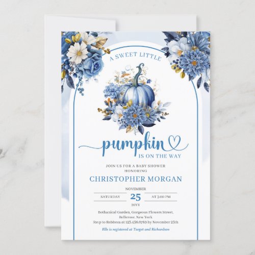 Navy and gold floral a little pumpkin wreath boho invitation