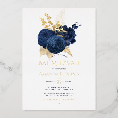 Navy and Gold Floral Bat Mitzvah Photo Foil Invitation