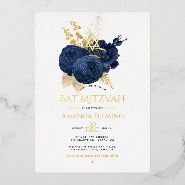 Navy and Gold Floral Bat Mitzvah Photo Foil Invitation (Front)