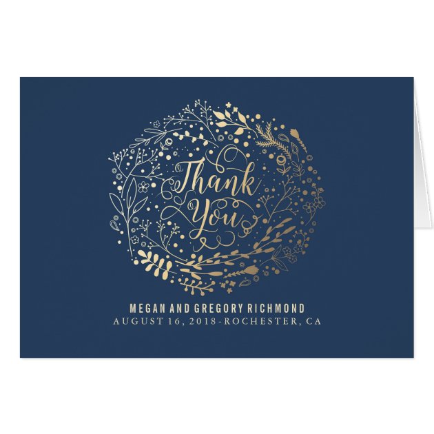 Navy And Gold Floral Bouquet Wedding Thank You Card