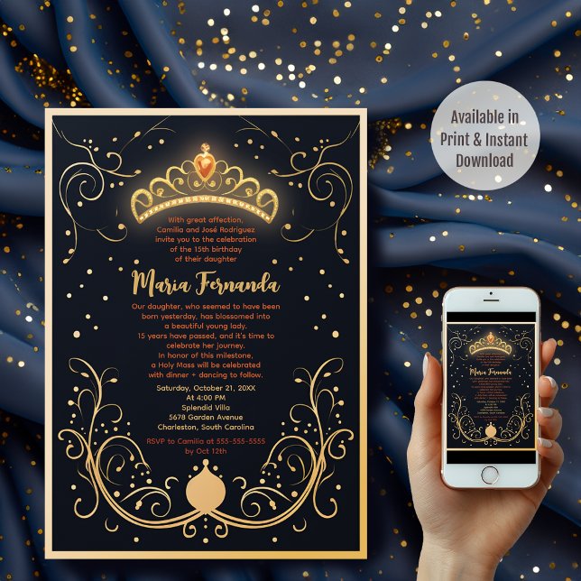 Navy and Gold Floral Crown Quinceañera Party  Invitation (Available in Print and Instant Download!)