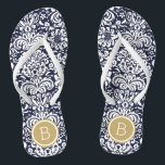 Navy and Gold Floral Damask Monogram Flip Flops<br><div class="desc">Custom printed flip flop sandals with a stylish elegant floral damask pattern and your custom monogram or other text in a circle frame. Click Customize It to change text fonts and colors or add your own images to create a unique one of a kind design!</div>