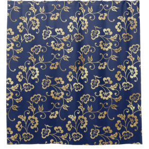 Navy and Gold Floral Pattern Shower Curtain