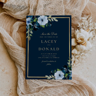 Navy and gold floral Save The Date Card