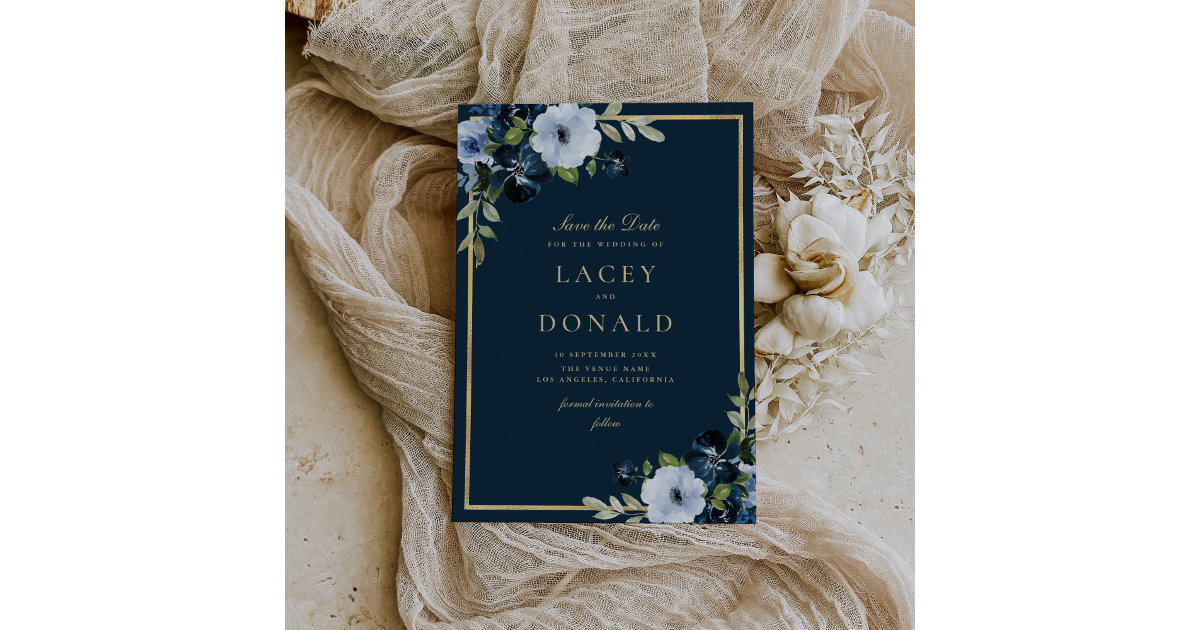 Navy and gold floral Save The Date Card | Zazzle