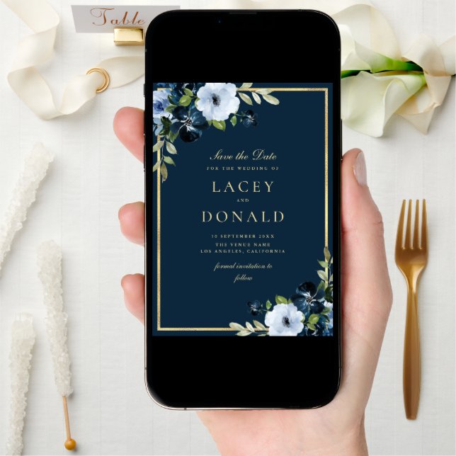 Navy and gold floral Save The Date Card (Front Digital)
