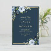 Navy and gold floral Save The Date Card (Standing Front)