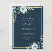 Navy and gold floral Save The Date Card (Front)