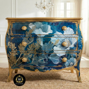 Navy and Gold Floral Seaweed Decoupage Tissue Paper