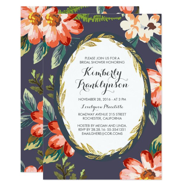 Navy And Gold Floral Vintage Bridal Shower Invitation