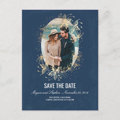 Navy and Gold Floral Vintage Photo Save The Date Announcement Postcard - Vintage navy and gold floral wreath photo save the date postcards
