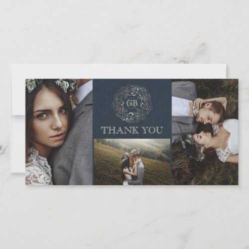 Navy and Gold Floral Vintage Wedding Thank You Card - Multiple photos vintage navy and gold floral wreath wedding thank you cards