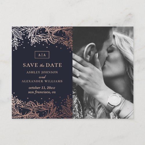 Navy and gold floral wedding Blue Save the Date Postcard