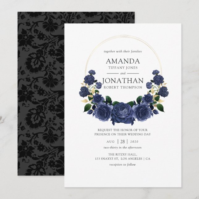Navy and Gold Floral Wedding Invitation (Front/Back)