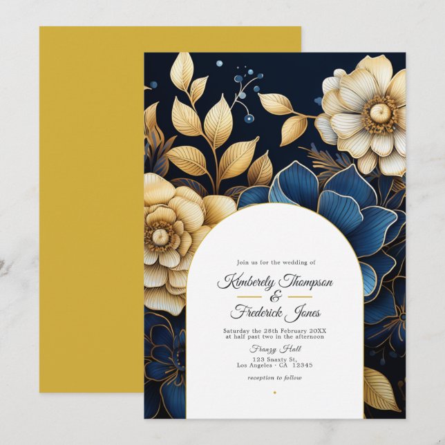 Navy and Gold Floral Wedding Invitation (Front/Back)