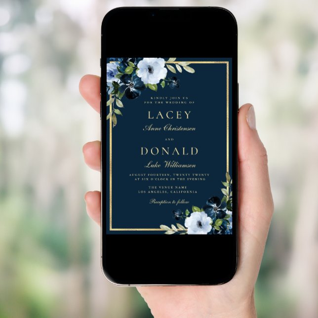 Navy and gold floral wedding invitation (Front Digital)