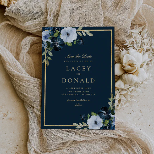 Navy and gold floral wedding invitation | Zazzle