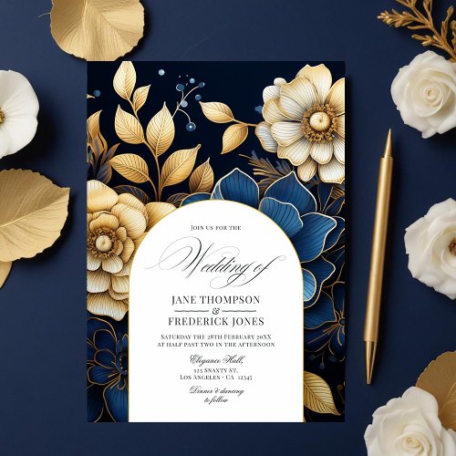 Navy and Gold Floral Wedding Invitation