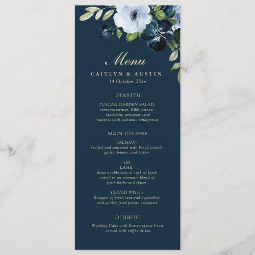 Navy and gold floral wedding menu