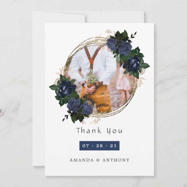 Navy and Gold Floral Wedding Photo Collage Thank You Card (Front)