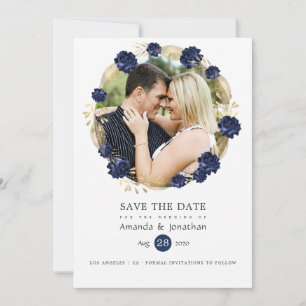 Navy and Gold Floral Wedding Photo Save The Date