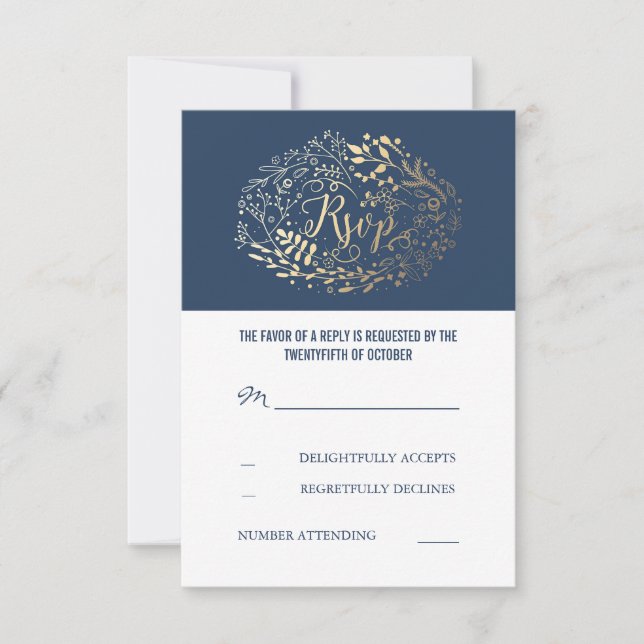 Navy and Gold Floral Wedding RSVP Cards (Front)