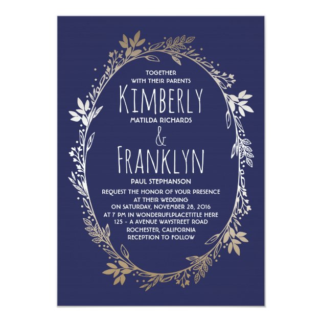 Navy And Gold Floral Wreath Wedding Invitation