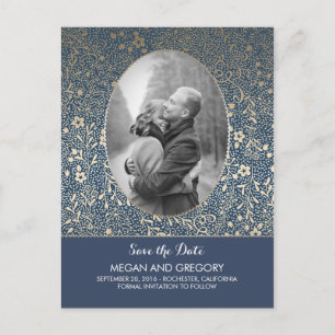 Navy and Gold Flowers Chic Photo Save the Date Announcement Postcard