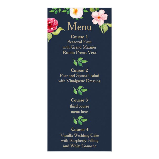 navy and gold flowers wedding menu (Front)