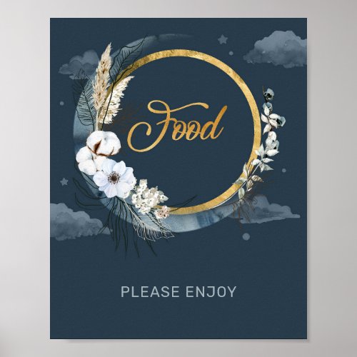 Navy and gold foil moon pampas white flowers Food Poster