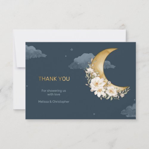 Navy and gold foil over the moon baby shower thank you card