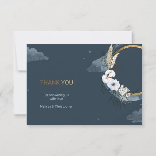 Navy and gold foil over the moon baby shower thank you card