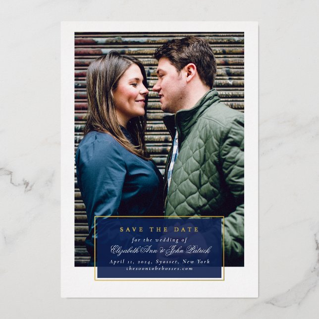 Navy and Gold Foil Script Save The Date Invitation (Front)