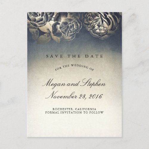 Navy and Gold Foil Vintage Floral Save the Date Announcement Postcard