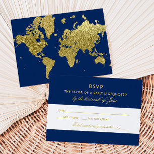 Navy and Gold Foil World Map Wedding RSVP Card