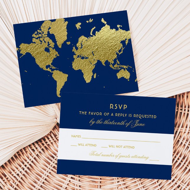Navy and Gold Foil World Map Wedding RSVP Card (Creator Uploaded)