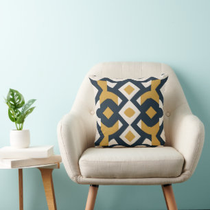 Navy and Gold Geometric Mediterranean Tile Throw Pillow