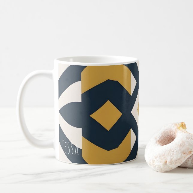 Navy and Gold Geometric Tile Pattern Coffee Mug (With Donut)