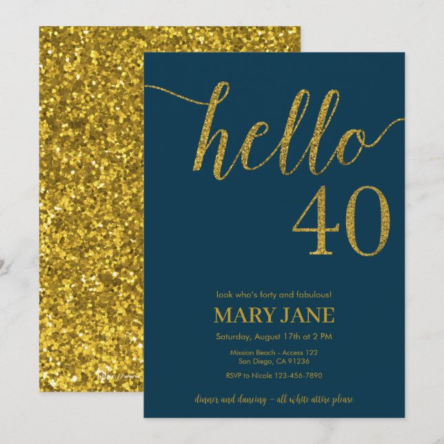 Navy and Gold Glitter 40th Birthday Invitation (Front/Back)