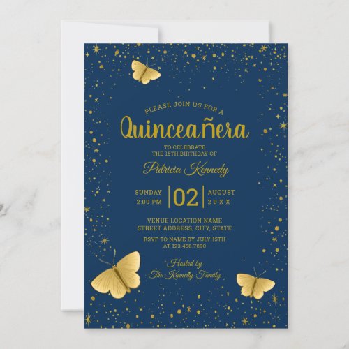Navy And Gold Glitter Butterfly Quinceanera Invitation